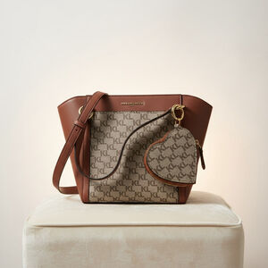 Karl Lagerfeld Paris KL Monogram Tote Bag w/ Heart Coin Pouch Brown